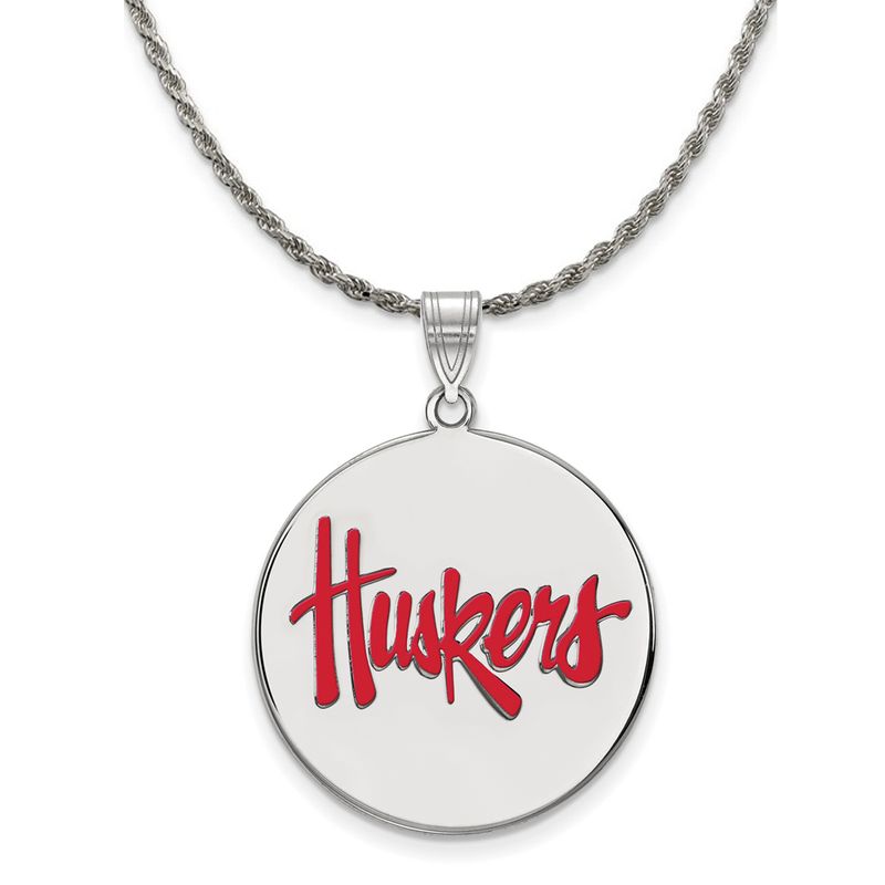Sterling Silver U. Of Nebraska Xl Enamel Huskers Disc Necklace - 26 In